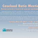 Caseload Ratio Meeting announcement with English and Spanish text, logos, date, and location details.