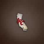 Map of California with red letters LRC, beige star on brown background.