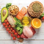 Assorted healthy foods including salmon, lean meats, nuts, avocado, grains, and vegetables on rustic table.