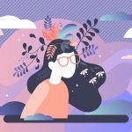 Illustrated person with glasses surrounded by colorful leaves and flowers against pastel sky background.