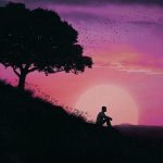 Silhouette of person sitting on hill under tree at sunset with birds flying in sky.