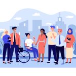 Diverse group of people with disabilities and different backgrounds, conversing cheerfully outdoors.