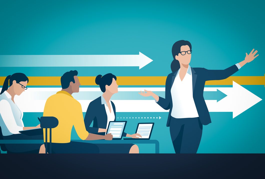 Illustration shows businesswoman presenting to group, arrows behind representing growth, people using laptops.