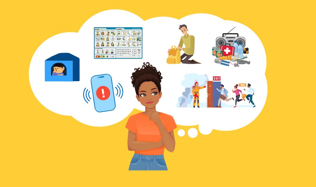 Woman thinking about emergency scenarios, safety measures, and preparedness in thought bubble.