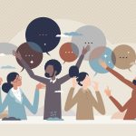 Four people animated with speech bubbles, gesturing and interacting against abstract cloud background.