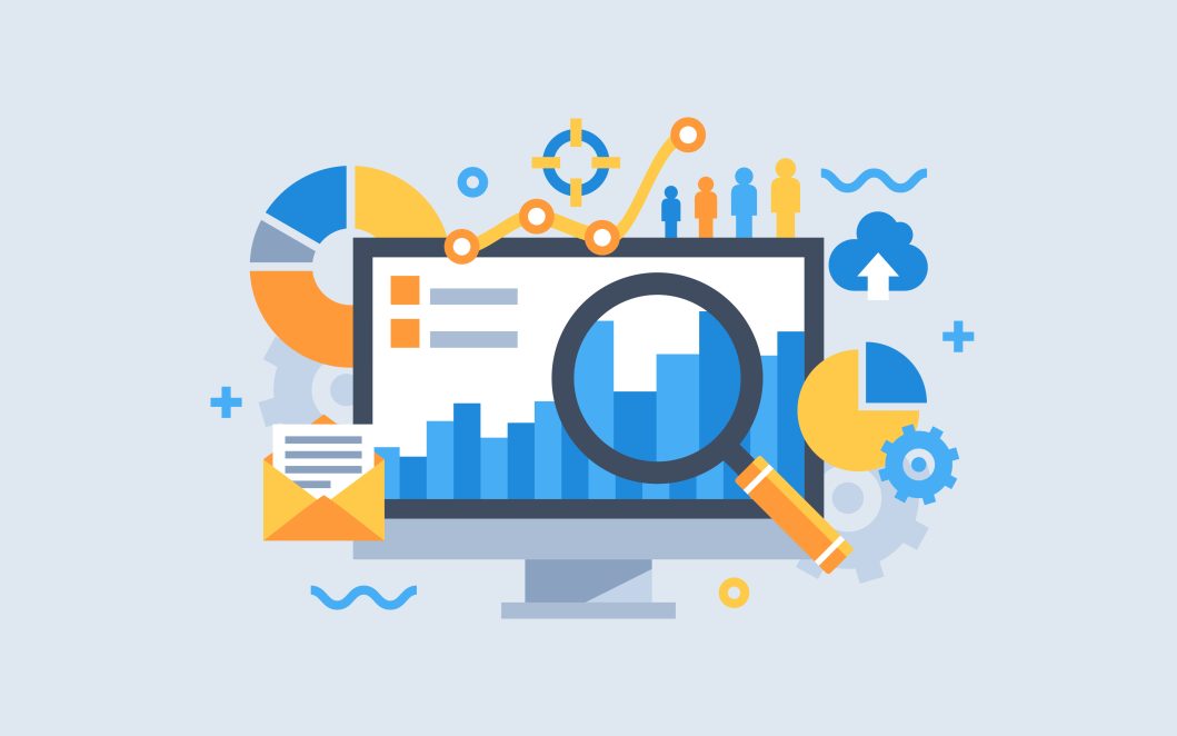 Computer screen displaying data analytics with charts, magnifying glass, and colorful icons.