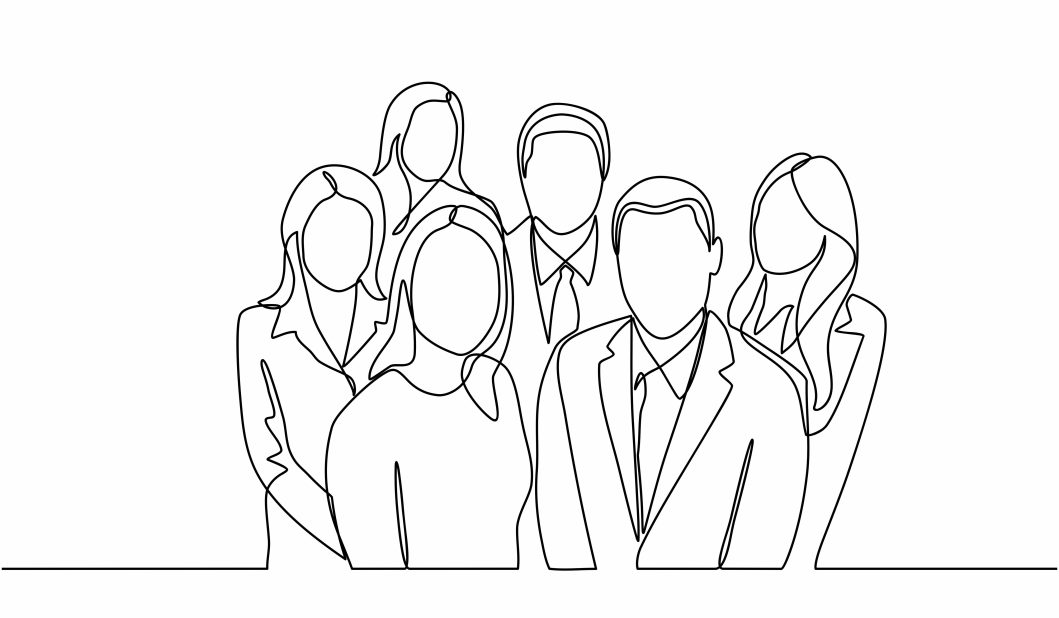 Six faceless figures drawn in continuous line art, wearing business attire, standing together.
