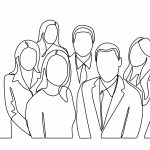 Six faceless figures drawn in continuous line art, wearing business attire, standing together.