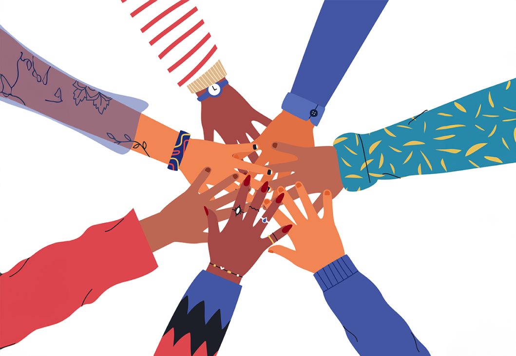 Illustration of diverse hands joining together in center, each wearing colorful sleeves and accessories.