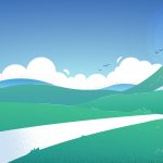 Green hillside path leading to mountain peak with red flag under clear blue sky.