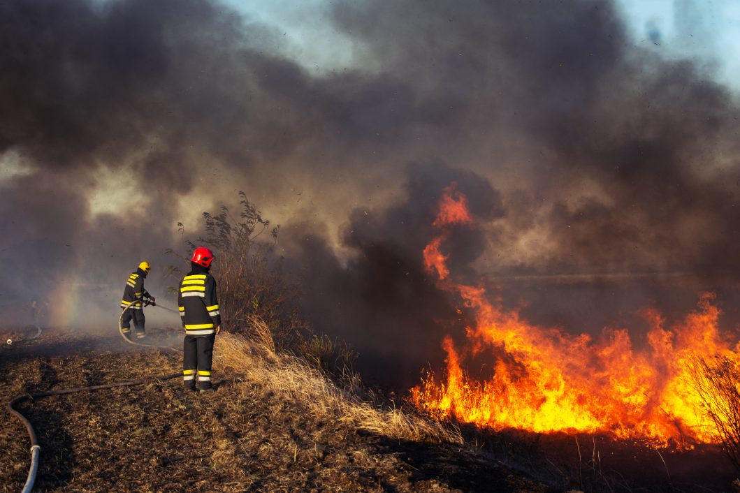 Firefighters battling large brush fire with smoke and flames in open field.