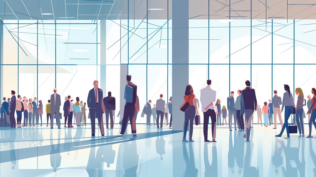 Large crowd in modern atrium, people walking, bright glass windows, reflections on shiny floor