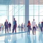 Large crowd in modern atrium, people walking, bright glass windows, reflections on shiny floor