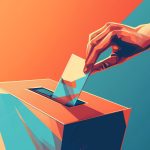 Hand inserting paper into colorful geometric ballot box against orange and teal background.