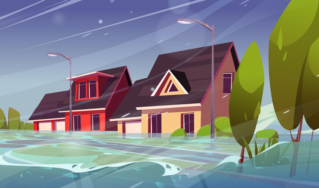 Houses submerged in floodwaters with streetlights and trees partially visible, under a cloudy sky.