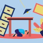 Person taking cover under table during earthquake with falling objects and tilting cabinet.