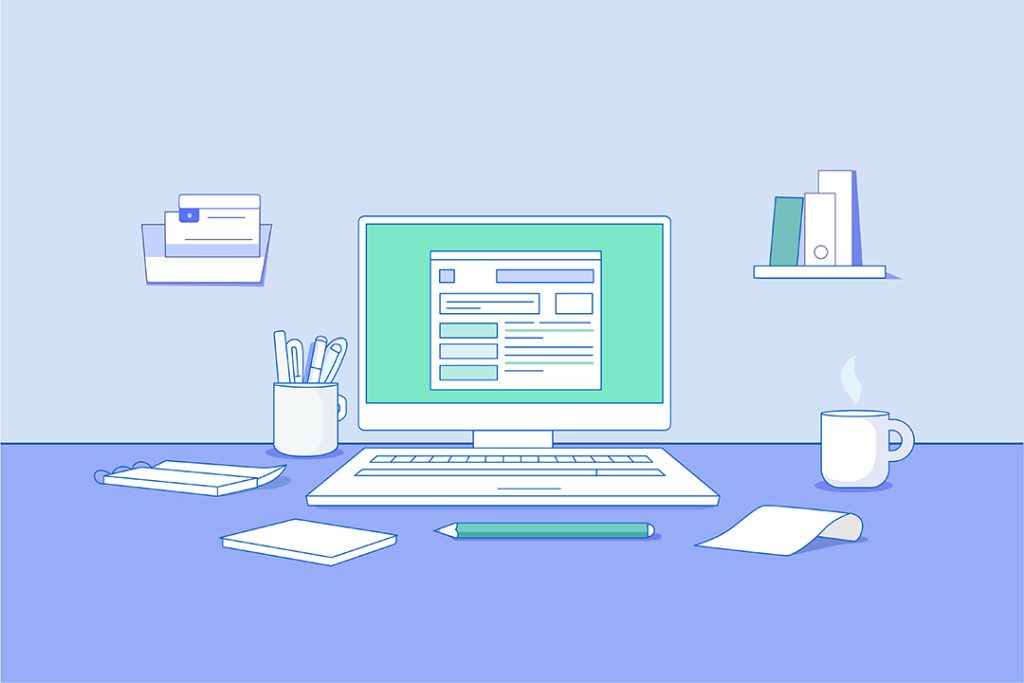 A desktop with a computer, coffee cup, pens, and various sheets of paper scattered. Two small shelves are on the wall