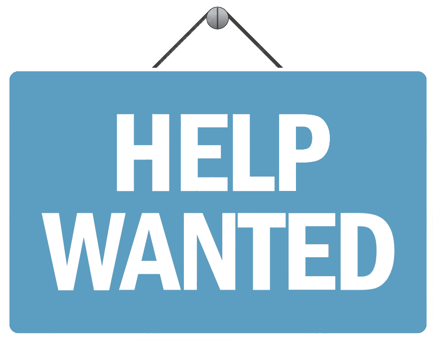 A blue sign with the words Help Wanted in the center
