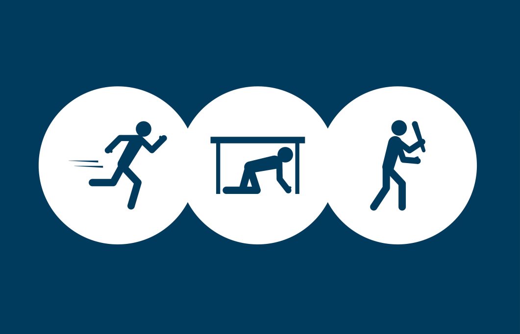 First figure running, second crawling under table, third holding baton, blue background.
