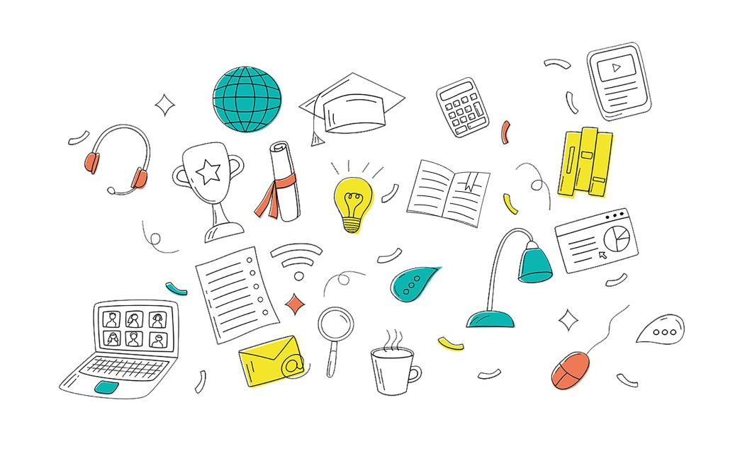 Various hand-drawn education and technology icons including books, laptop, globe, and a light bulb.