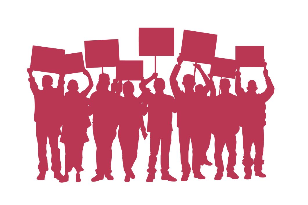 Silhouetted crowd of people holding blank protest signs against white background.
