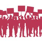 Silhouetted crowd of people holding blank protest signs against white background.
