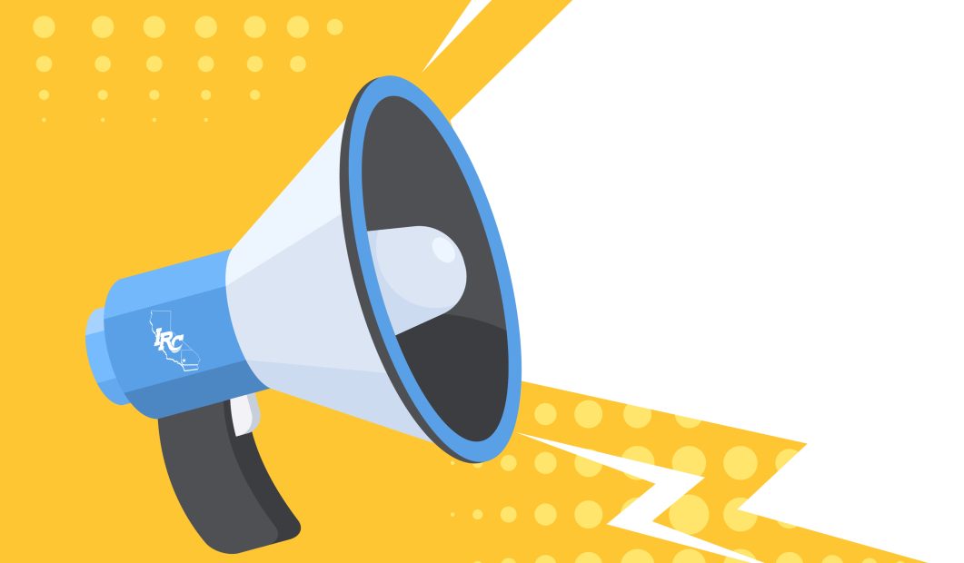 Blue and white megaphone with lightning bolt on yellow background with dotted pattern.