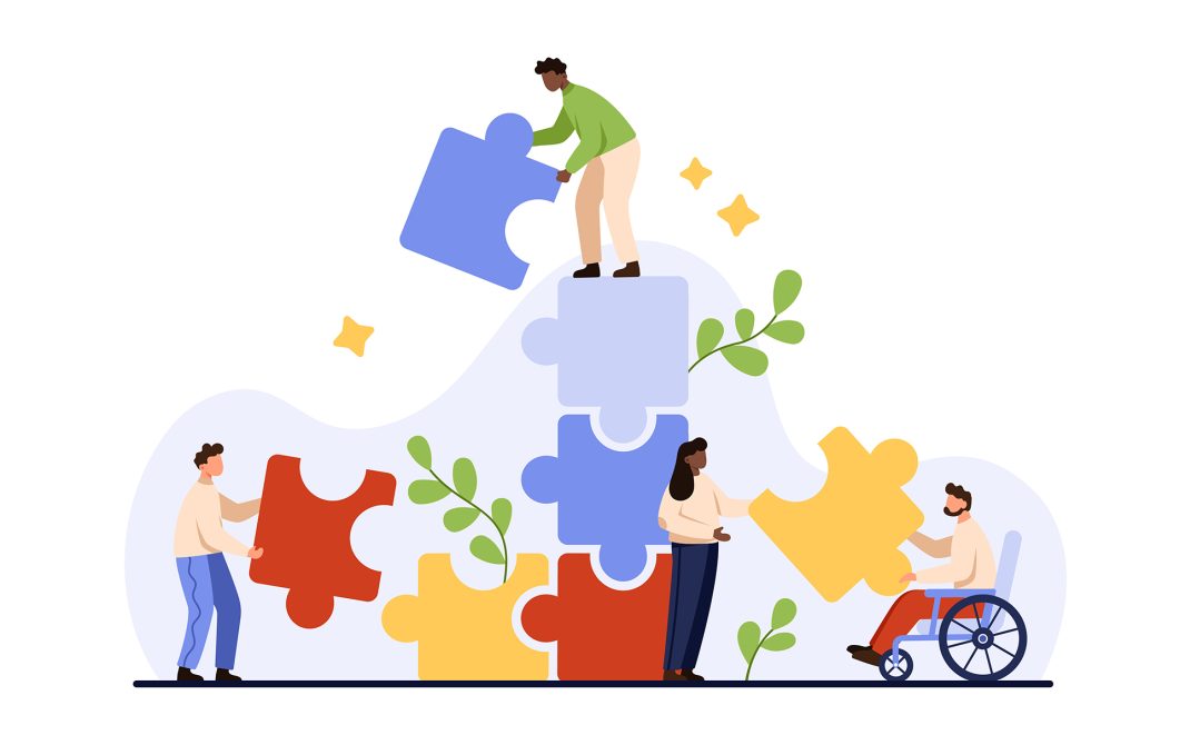 People assembling colorful puzzle pieces, one person in wheelchair, plants and stars around.