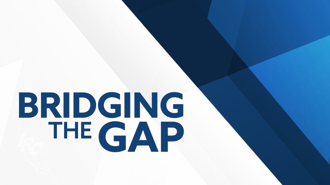 Text "BRIDGING THE GAP" in bold blue on geometric white and blue background.