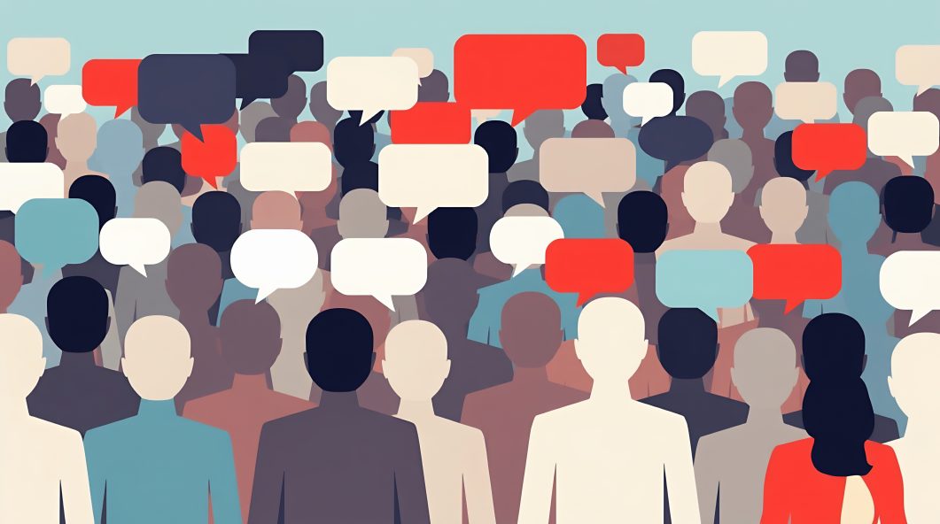 Crowd of diverse silhouettes with colorful speech bubbles overlapping, representing conversation and communication.
