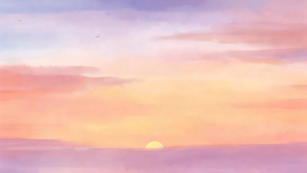 Vibrant sunset with sun on horizon, colorful sky hues, scattered clouds, silhouetted birds.