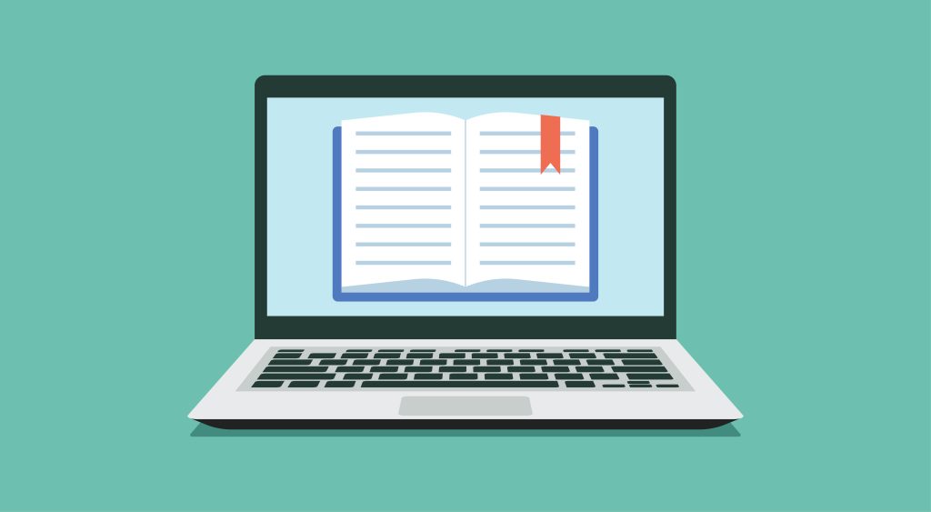 A laptop with an image of a book with a red bookmark on the screen