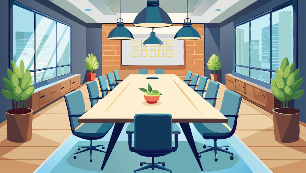 Illustration of a conference table with blue chairs and large windows in the background.