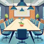 Illustration of a conference table with blue chairs and large windows in the background.