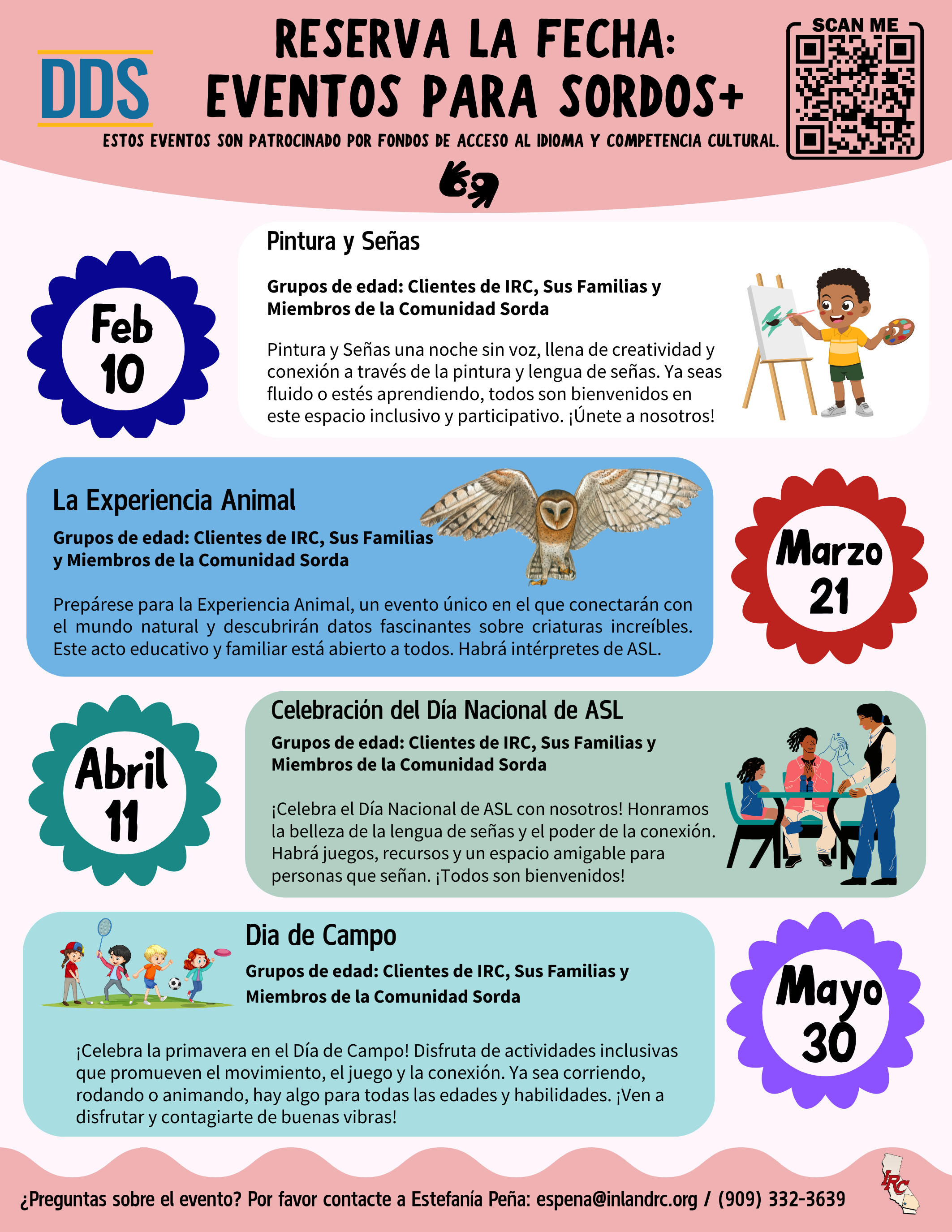 A Spanish flyer for DeafPlus events; February 10 (Paint and Sign), March 21 (The Animal Experience), April 11 (ASL Fest), and May 30 (Field Day), 2026