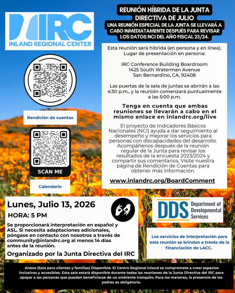 Spanish-language flyer for the Inland Regional Center July Board of Trustees hybrid meeting, including information about an in-person and online special board meeting, public participation, accountability review session, QR codes for livestream access and comments, and meeting details for July 13, 2026, in San Bernardino.