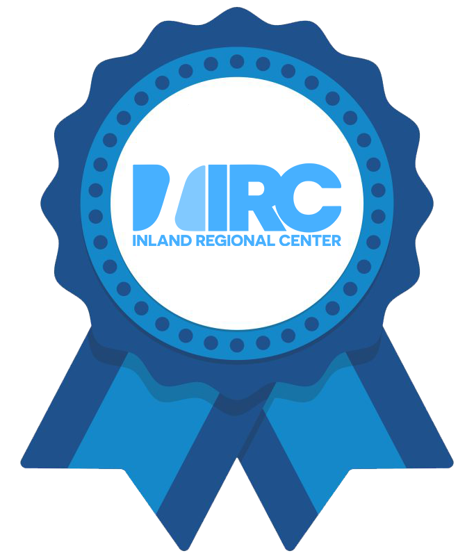 A blue prize ribbon with the IRC logo in the center