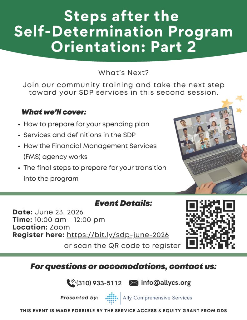 English flyer for a virtual Self-Determination Program Orientation on June, 23, 2026
