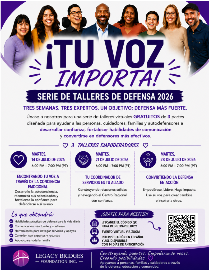 A Spanlish flyer for a 2026 Advocacy Workshop Series taking place virtually on July 14, 21, and 28, 2026