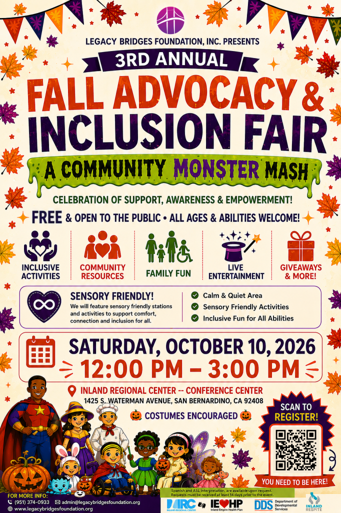 An English flyer for a Fall Advocacy and Inclusion Fair taking place on October 10, 2026 at the Inland Regional Center
