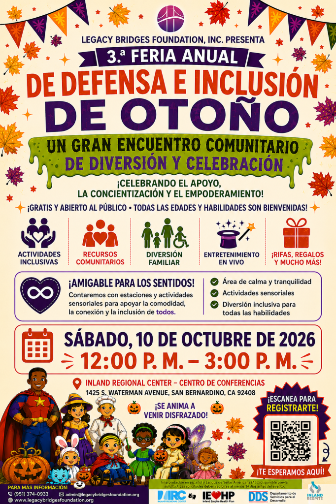 A Spanish flyer for a Fall Advocacy and Inclusion Fair taking place on October 10, 2026 at the Inland Regional Center