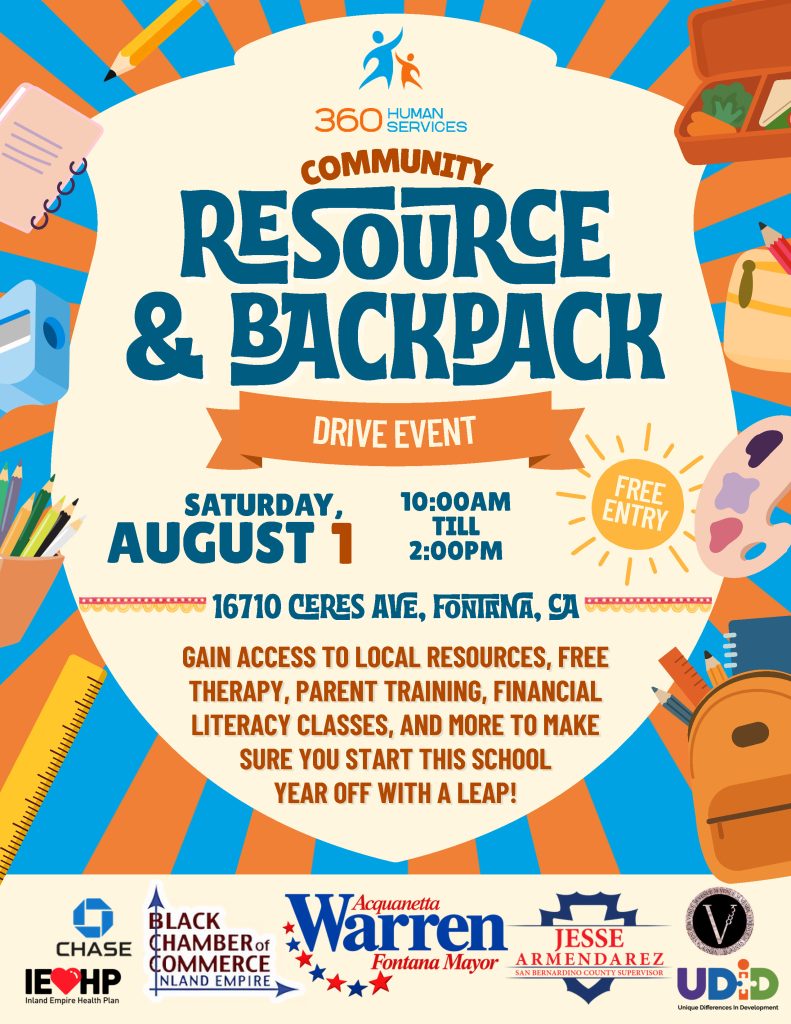 English flyer for a Resource and Backpack event taking place on August 1, 2026 in the City of Fontana