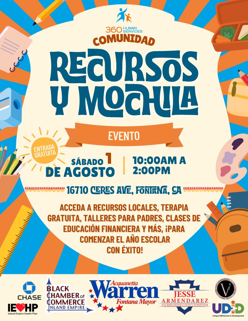 Spanish flyer for a Resource and Backpack event taking place on August 1, 2026 in the City of Fontana