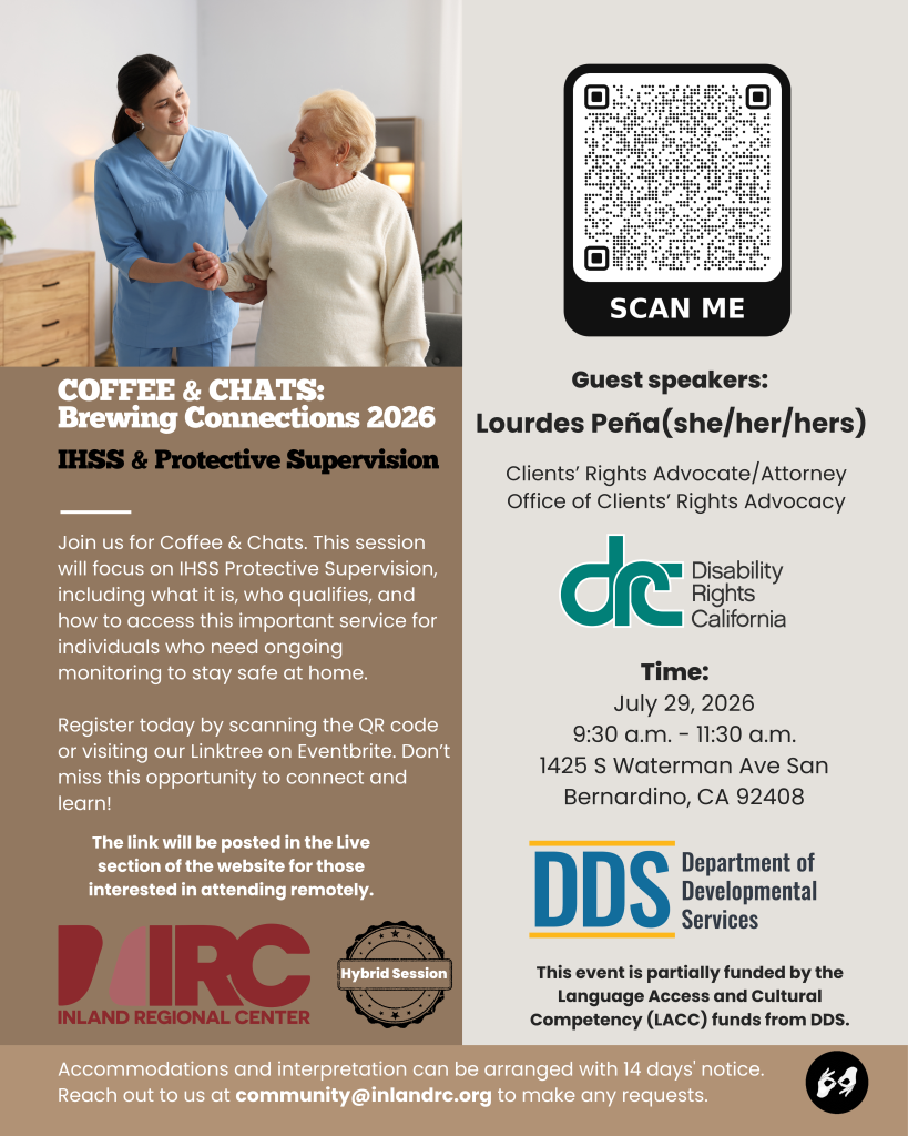 English flyer for an event covering IHSS and Protective Supervision on July 29, 2026. A healthcare professional assists an elderly person in walking