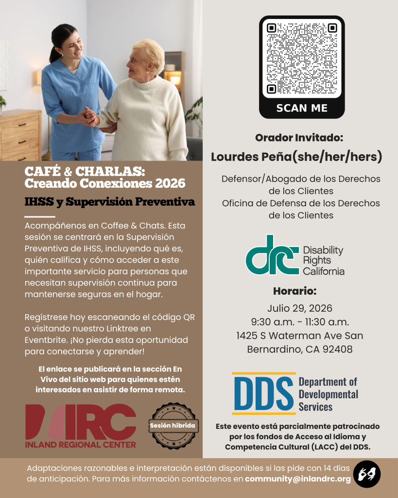 Spanish flyer for an event covering IHSS and Protective Supervision on July 29, 2026. A healthcare professional assists an elderly person in walking