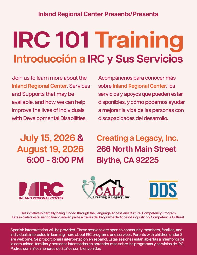 A bilingual English and Spanish flyer for an IRC 101 Training in Blythe, CA on July 15 and August 19 2026